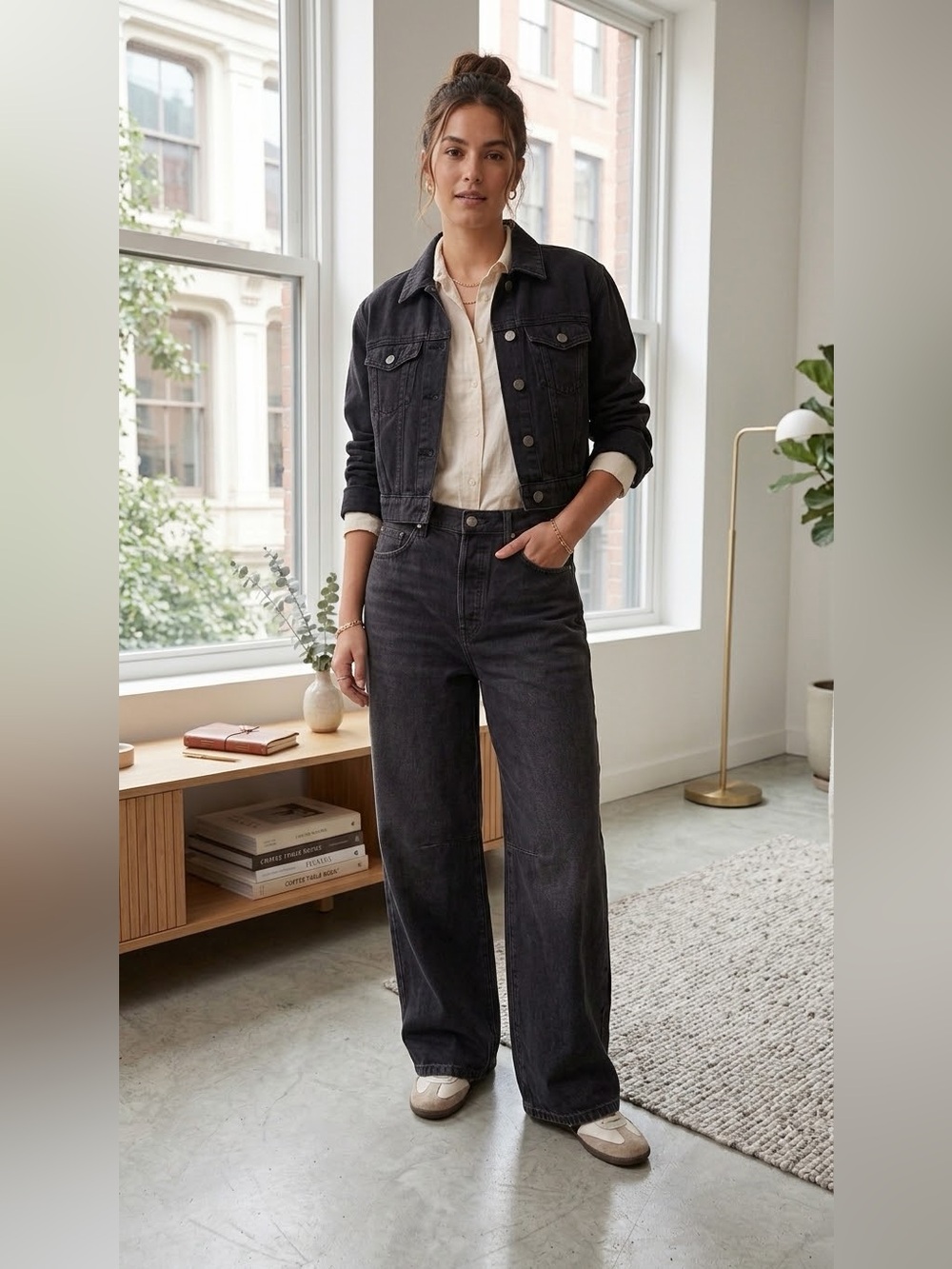 High-Rise Wide barrel Leg Jeans - Washed Black